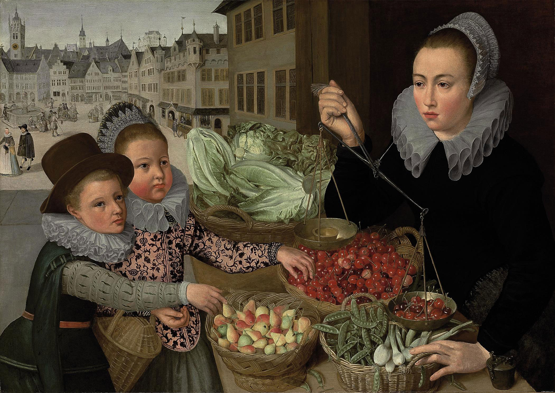 Georg Flegel (1566-1638) y Taller de Lucas van Valckenborch (1535-45-1597) A market stand selling